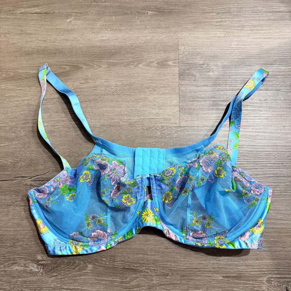 Savage X Fenty Mod Poppy Unlined Lace Balconette Bra Blue Floral 42DD